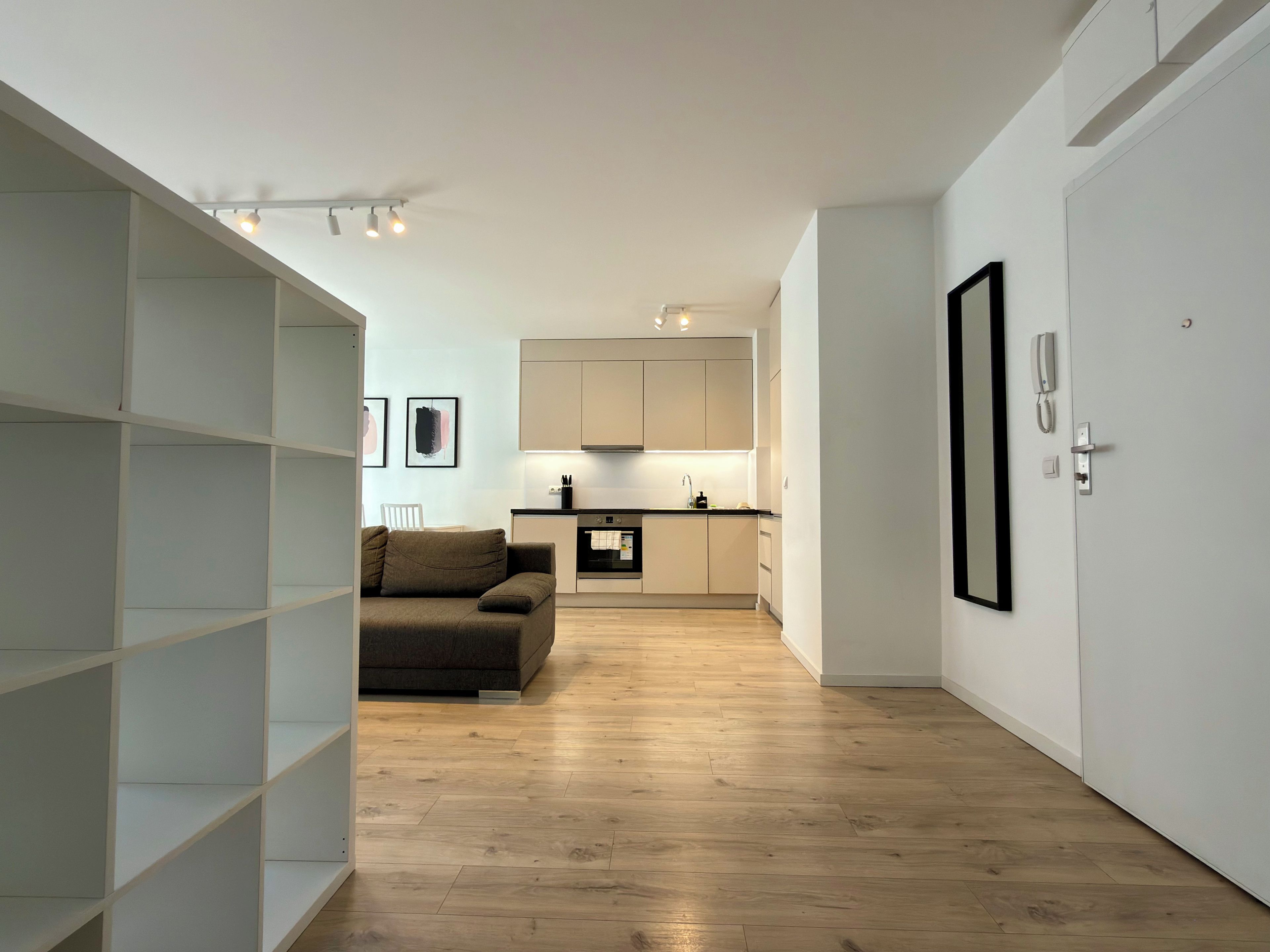 Un appartement moderne doté d’une kitchenette, d’un canapé et d’une bibliothèque.