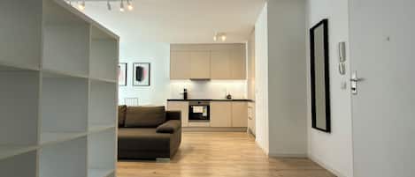 A modern apartment with a kitchenette, a sofa, and a bookshelf.