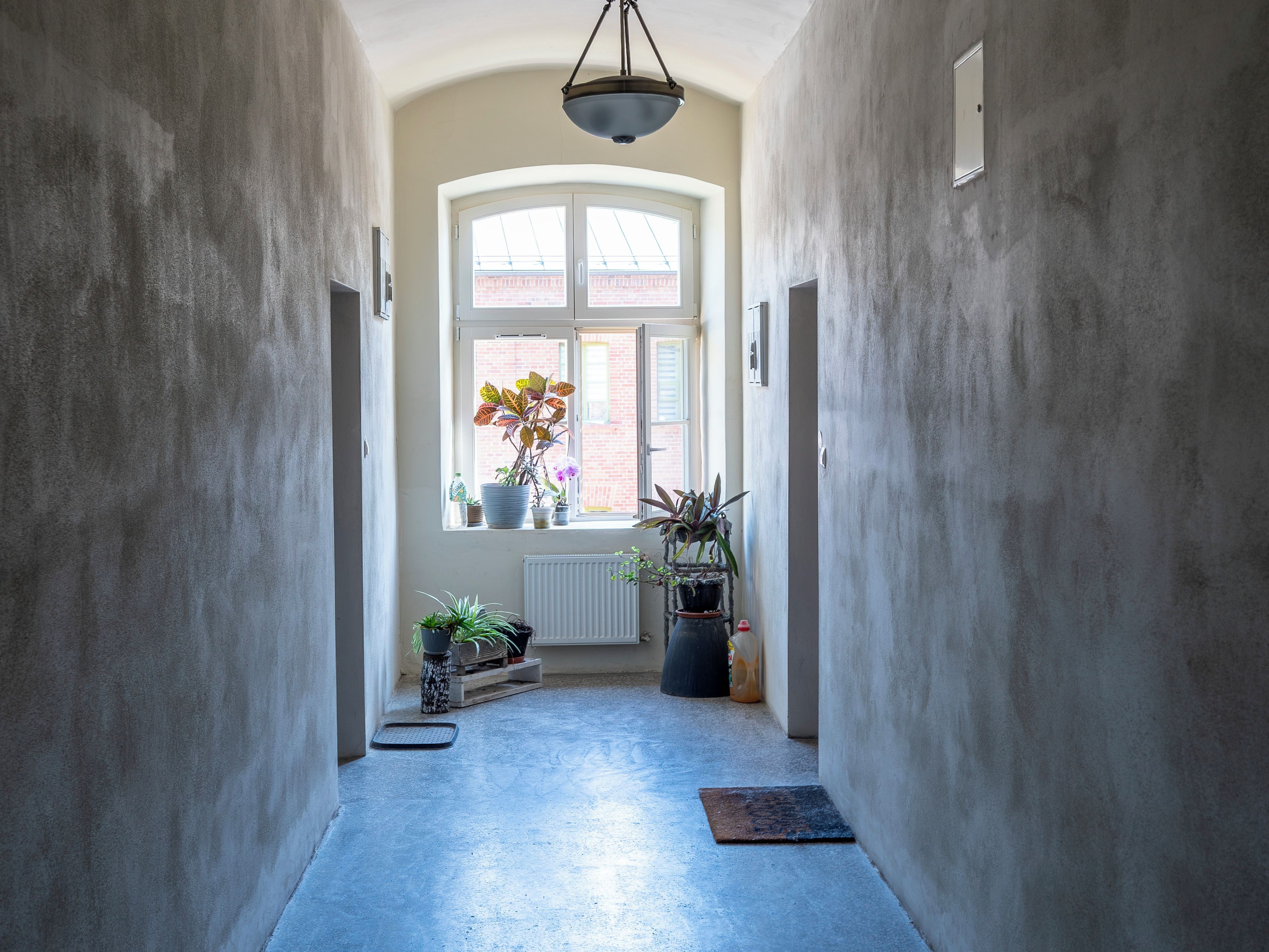 A narrow hallway with a radiator, potted plants, and a window with a view of a brick building.