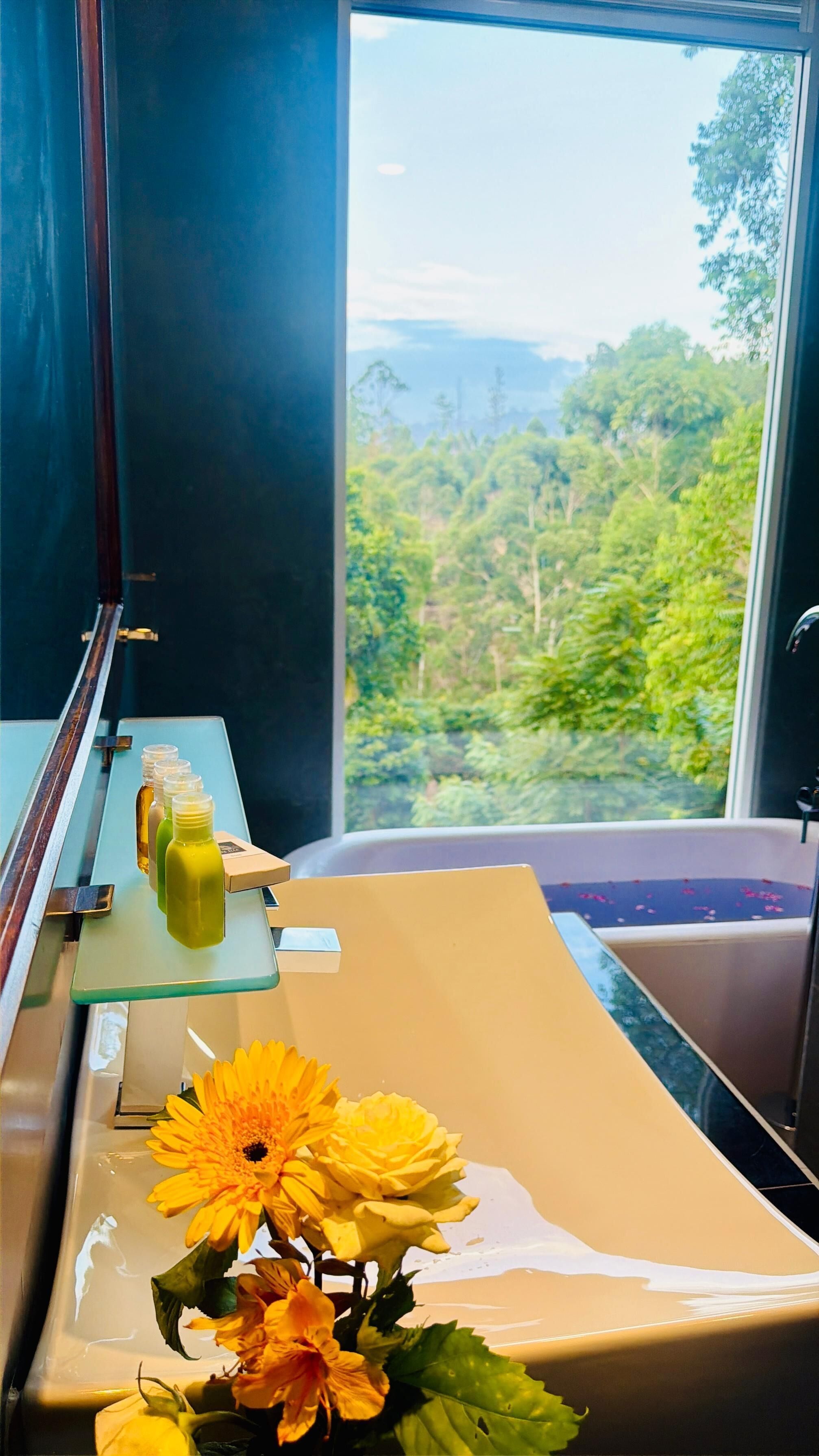 Quarto com uma grande janela com vista para uma área arborizada, uma mesa com tampo de vidro e um vaso com flores amarelas.
