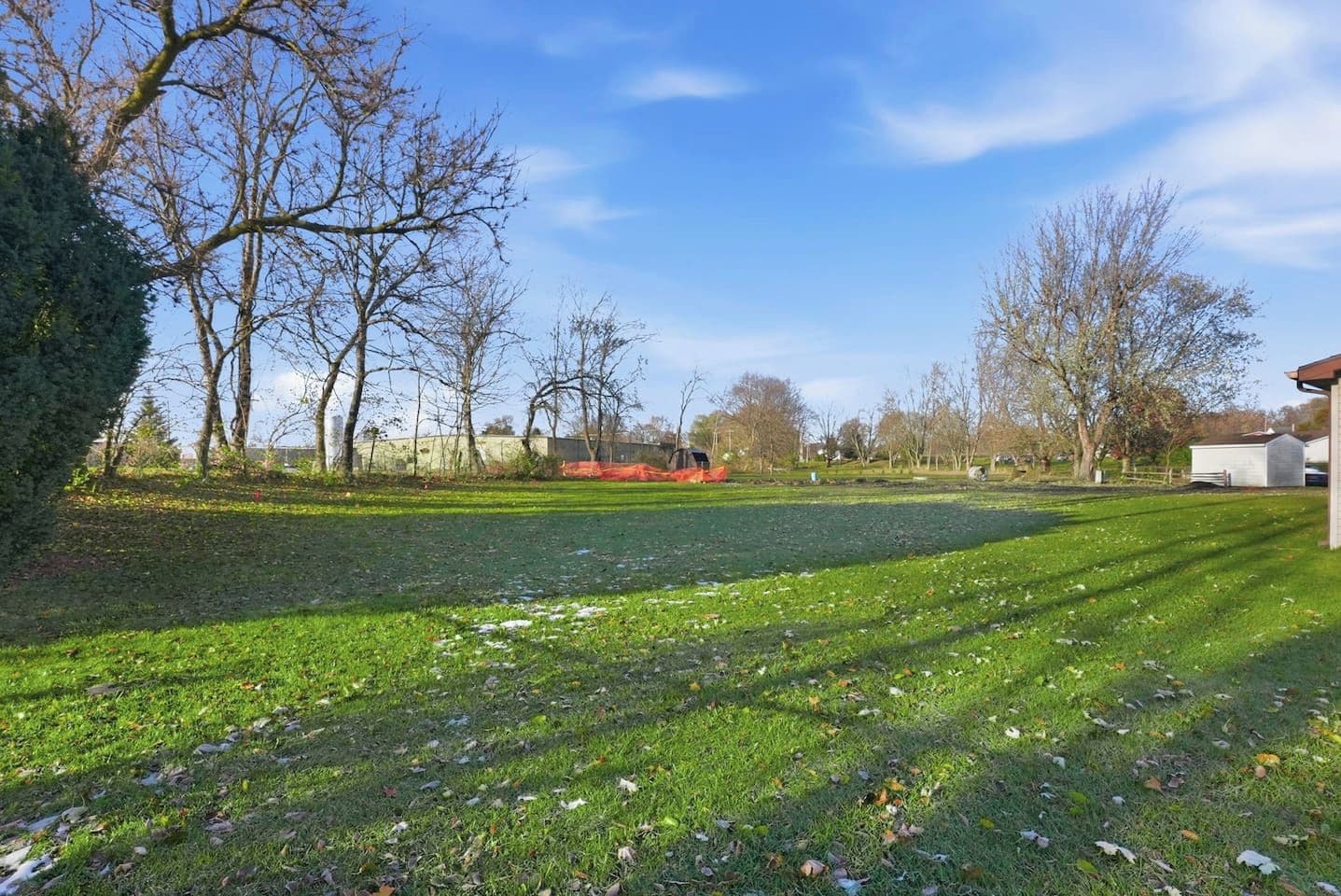 A well-maintained grassy area with trees and a building in the background.