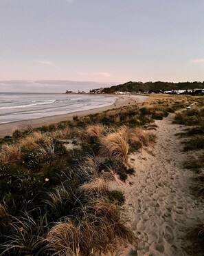 A beach with a sandy path leading to the water, surrounded by grassy dunes. - Pye-a-Nui, a peaceful retreat at Whangamata beach. (Whangamatā)