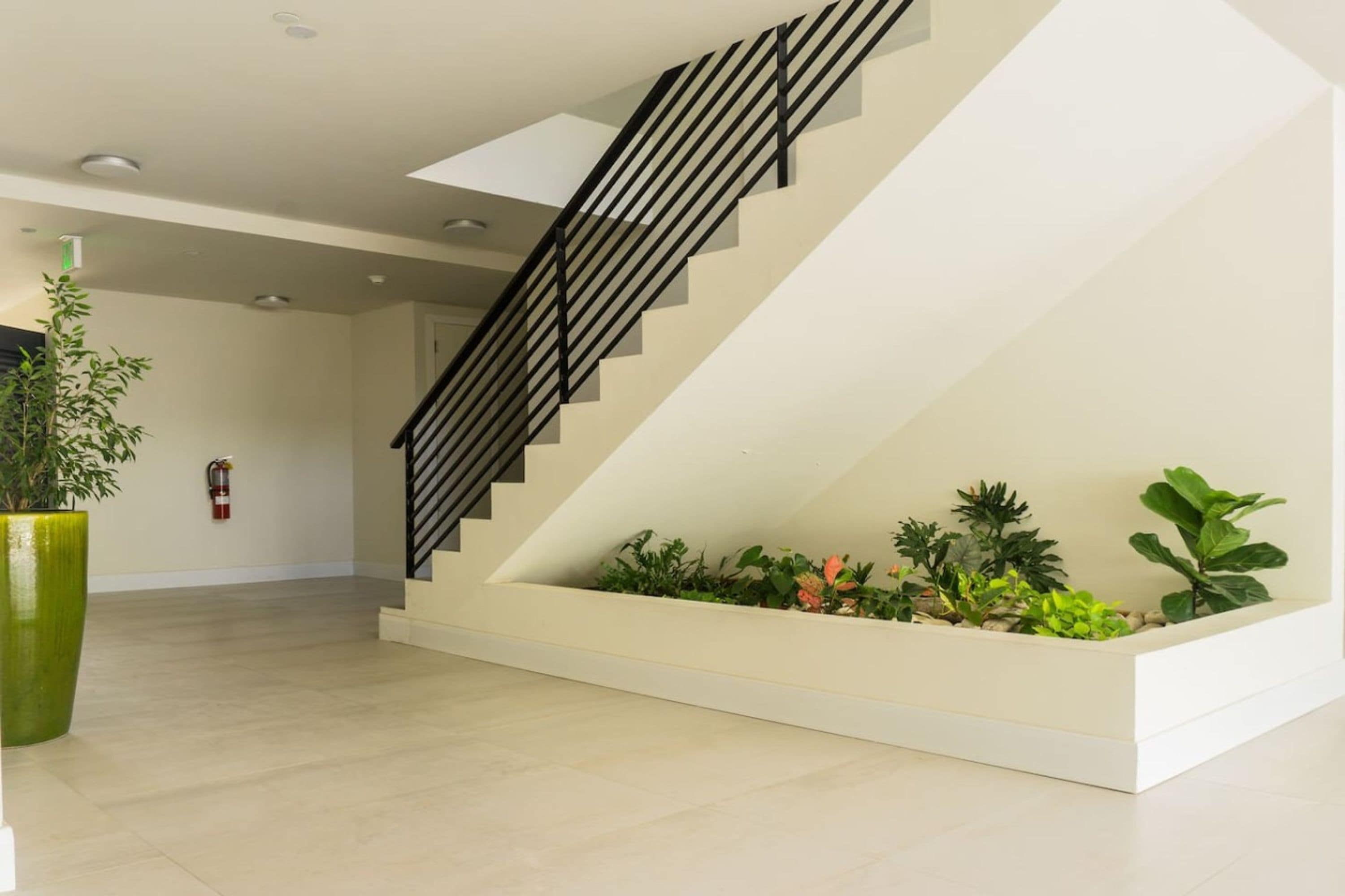 Una escala moderna amb barana negra, paret blanca i una jardiniere plena de plantes a la base.