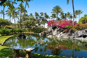 A tranquil garden with a pond, palm trees, and a waterfall. - 🏖️Ground-Floor Waikoloa Condo | Corner Unit + Spacious Lanai (Waikoloa)