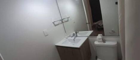 Secadora de cabello, toallas, jabón, papel de baño