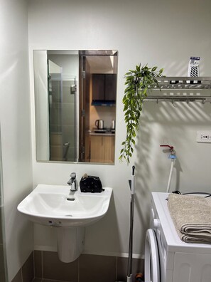 Un bagno con lavandino, specchio e una pianta.