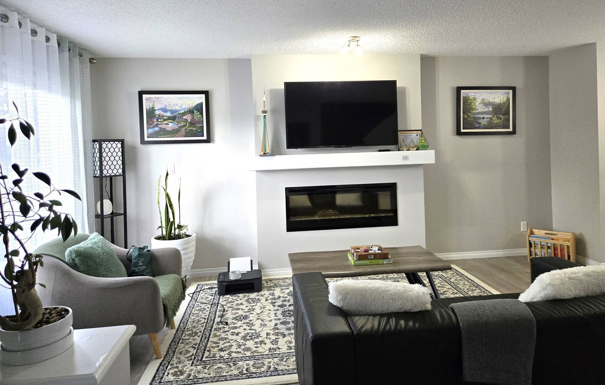 A living room with a flat-screen TV, fireplace, sofa, and a potted plant.