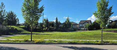 Un quartier résidentiel avec des maisons, un parc verdoyant et un ciel dégagé.