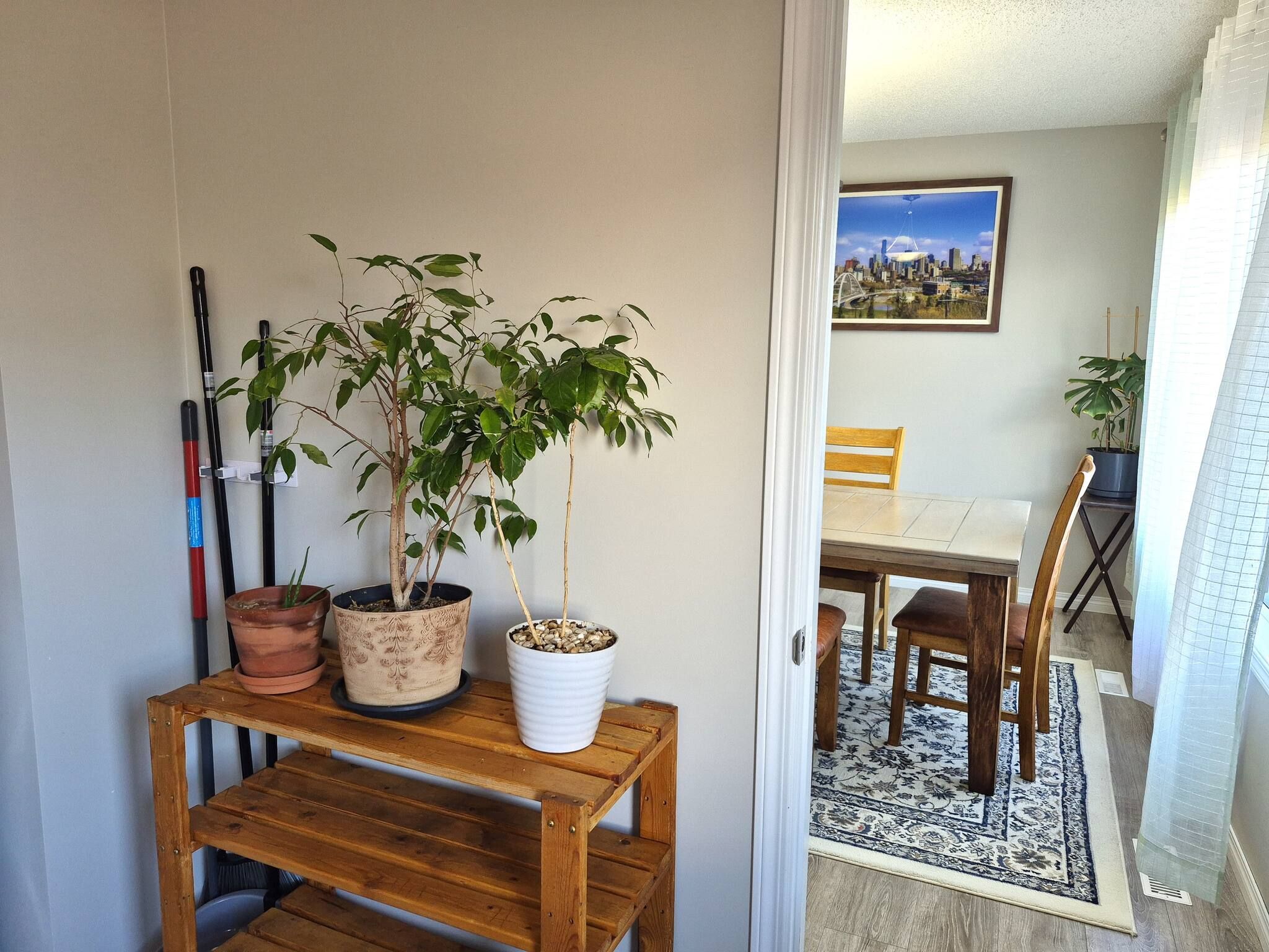 Een houten tafel met planten in potten, een eetgedeelte met stoelen en een stadsgezichtschilderij aan de muur.