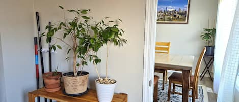 Een houten tafel met planten in potten, een eetgedeelte met stoelen en een stadsgezichtschilderij aan de muur.
