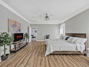 A bedroom with a bed, a TV, a ceiling fan, and a plant. - Modern & Cozy 3BR Home Close to Lake (Grand Prairie)