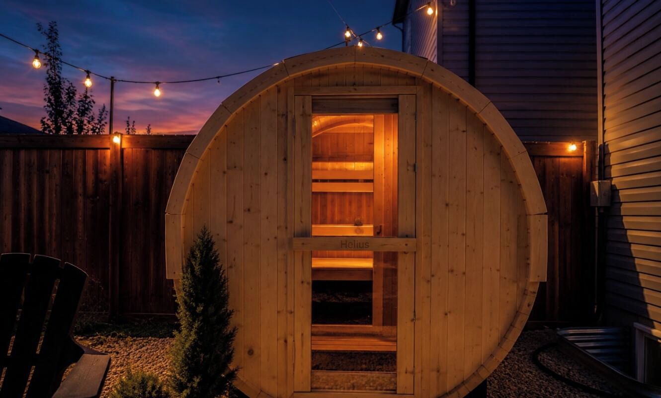 Eine holzkonstruierte, fassförmige Struktur mit einer Tür, möglicherweise eine Sauna oder ein Whirlpool, umgeben von einem Holzzaun und Lichterketten.