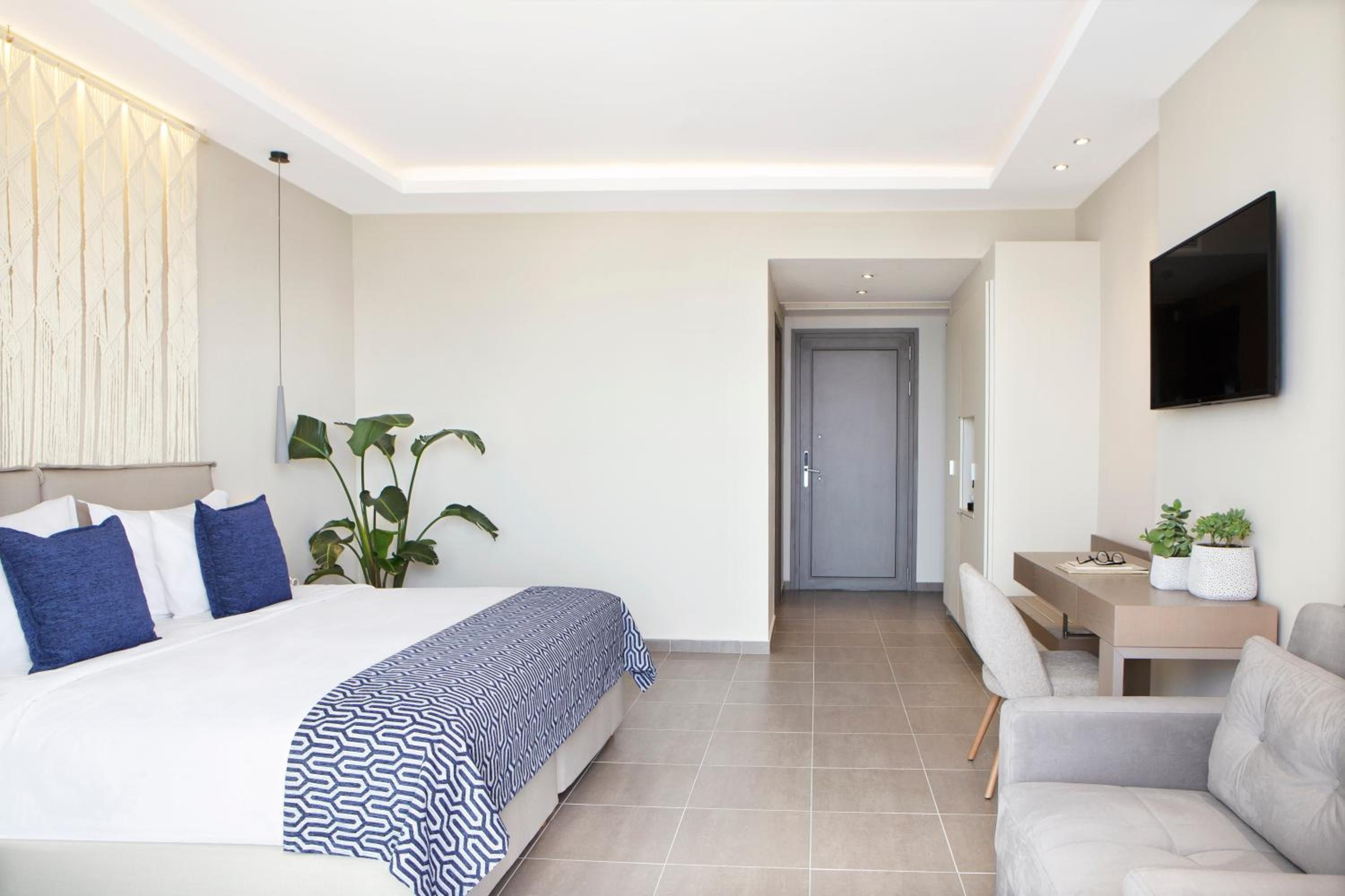 Una habitación de hotel moderna con cama, escritorio, silla, televisor y planta.