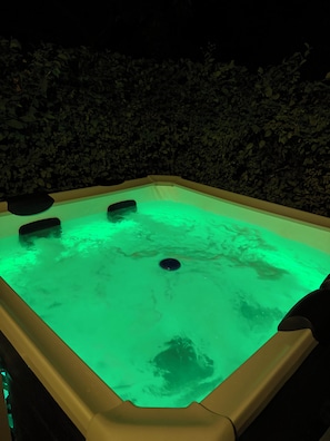 A hot tub with a green light, surrounded by foliage. - CozyHome close to Luxemburg and Trier (Igel)