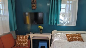 Habitació amb un llit, un sofà, un escriptori, una televisió i una finestra amb cortines.