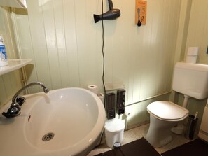 Un baño con un lavabo blanco, un inodoro y un secador de pelo fijado a la pared.