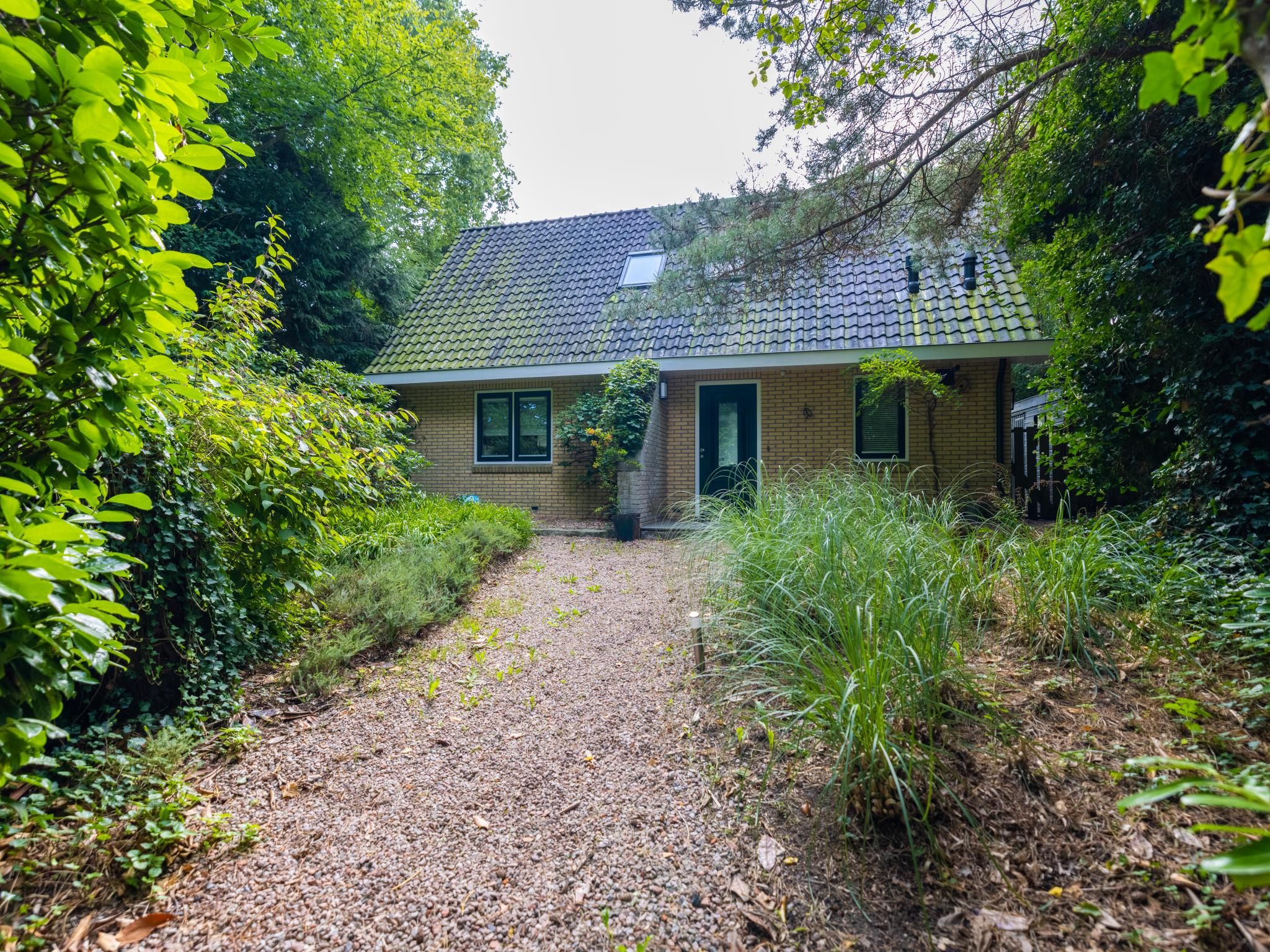Een huis met een grindpad dat naar een voordeur leidt, omringd door weelderige begroeiing.