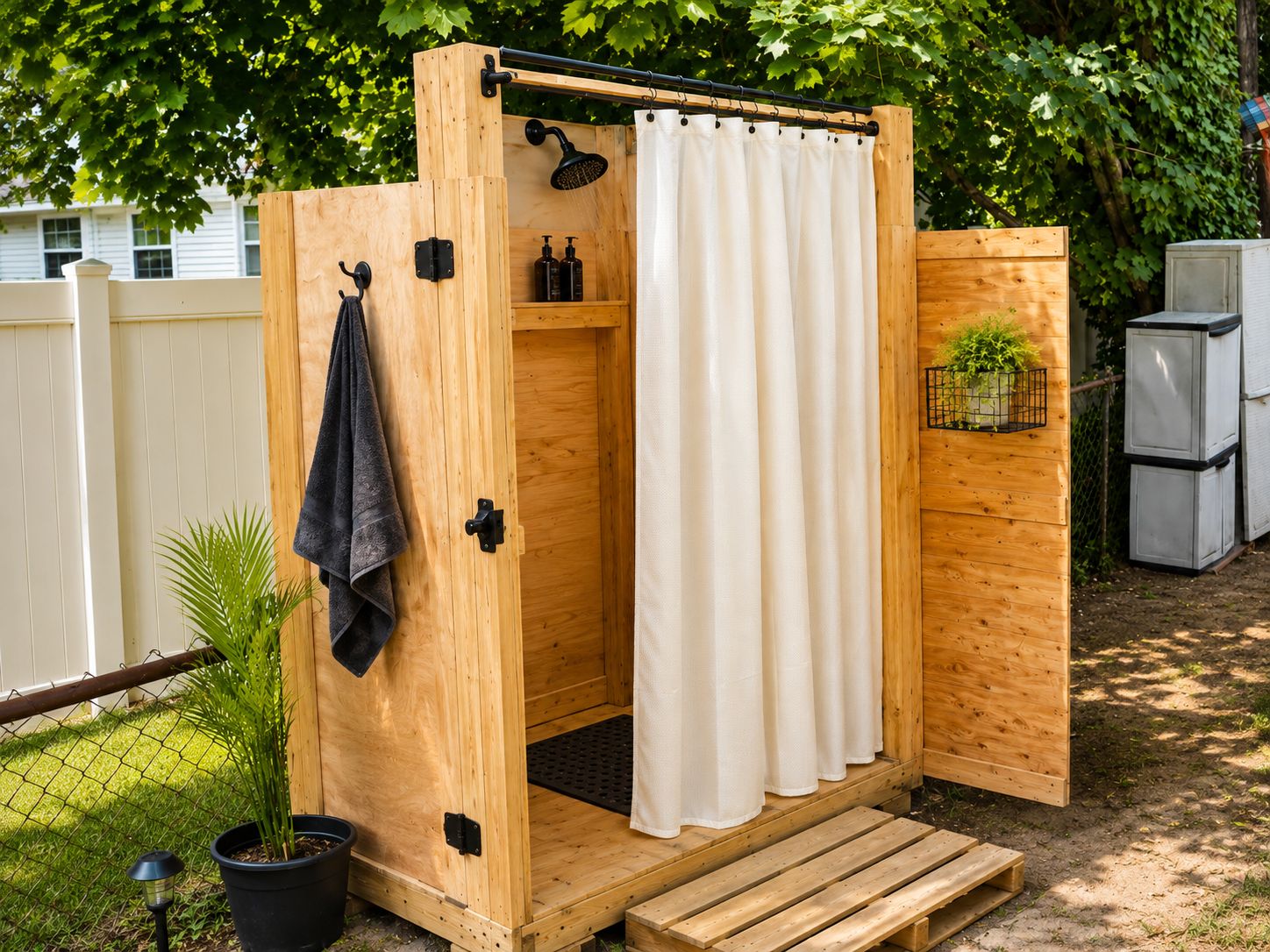 Ducha exterior de madera con cortina blanca, toallero y un estante pequeño con artículos de tocador.