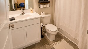 A bathroom with a white sink, a toilet, a shower curtain, and a mirror. - Kingsport Time Capsule - 3 bedrooms near  Eastman and Holston Valley hospital (Kingsport)