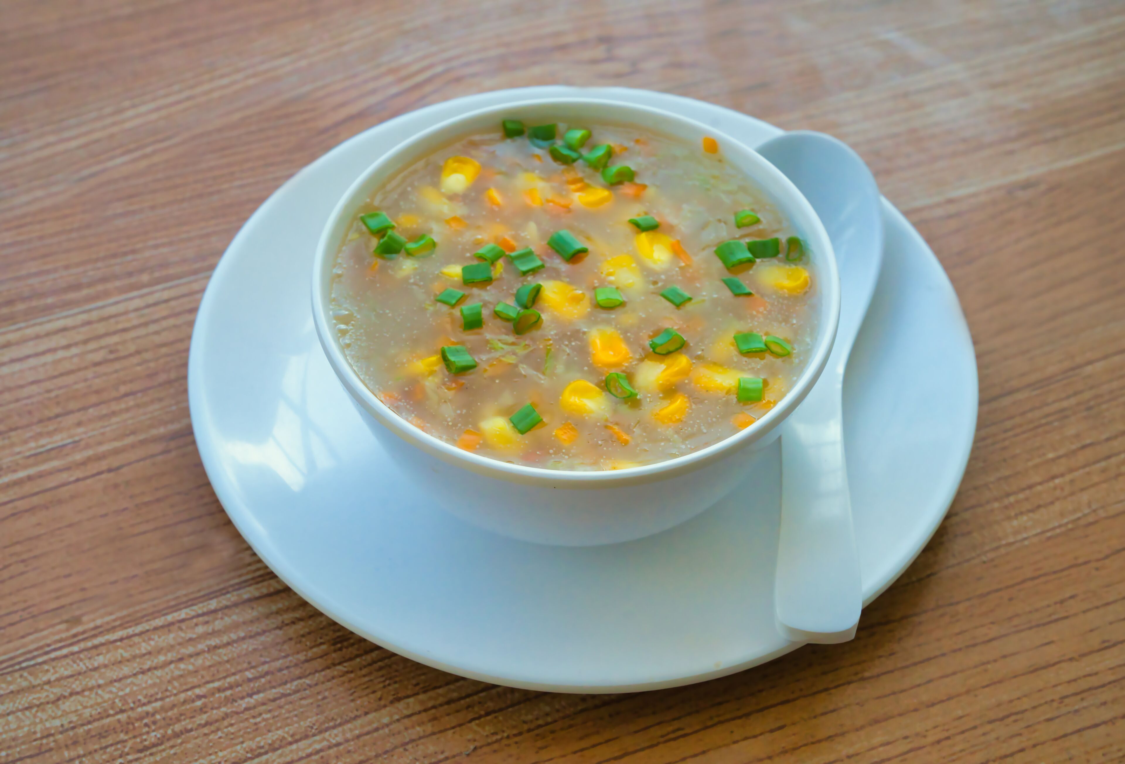 A bowl of soup on a white plate with a spoon on a wooden table.