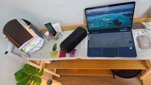 Una laptop sobre un escritorio con un fondo de pantalla panorámico, un espejo, una planta y un ratón.