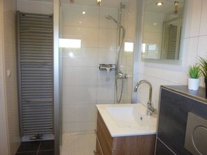 A modern bathroom with a glass shower enclosure, a sink with a mirror, and a potted plant. - Holiday Apartment With 2 Bedrooms (Kappeln)