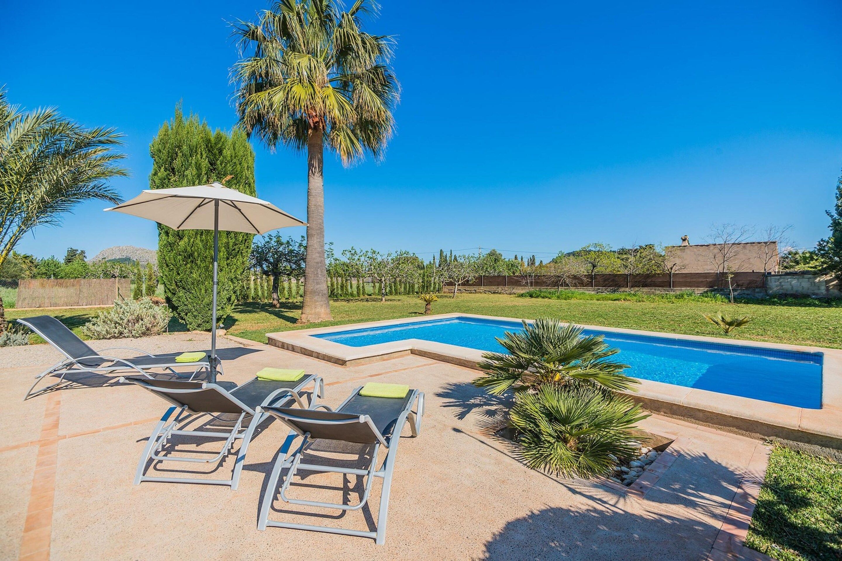 A swimming pool with lounge chairs and an umbrella, surrounded by greenery and a clear sky.