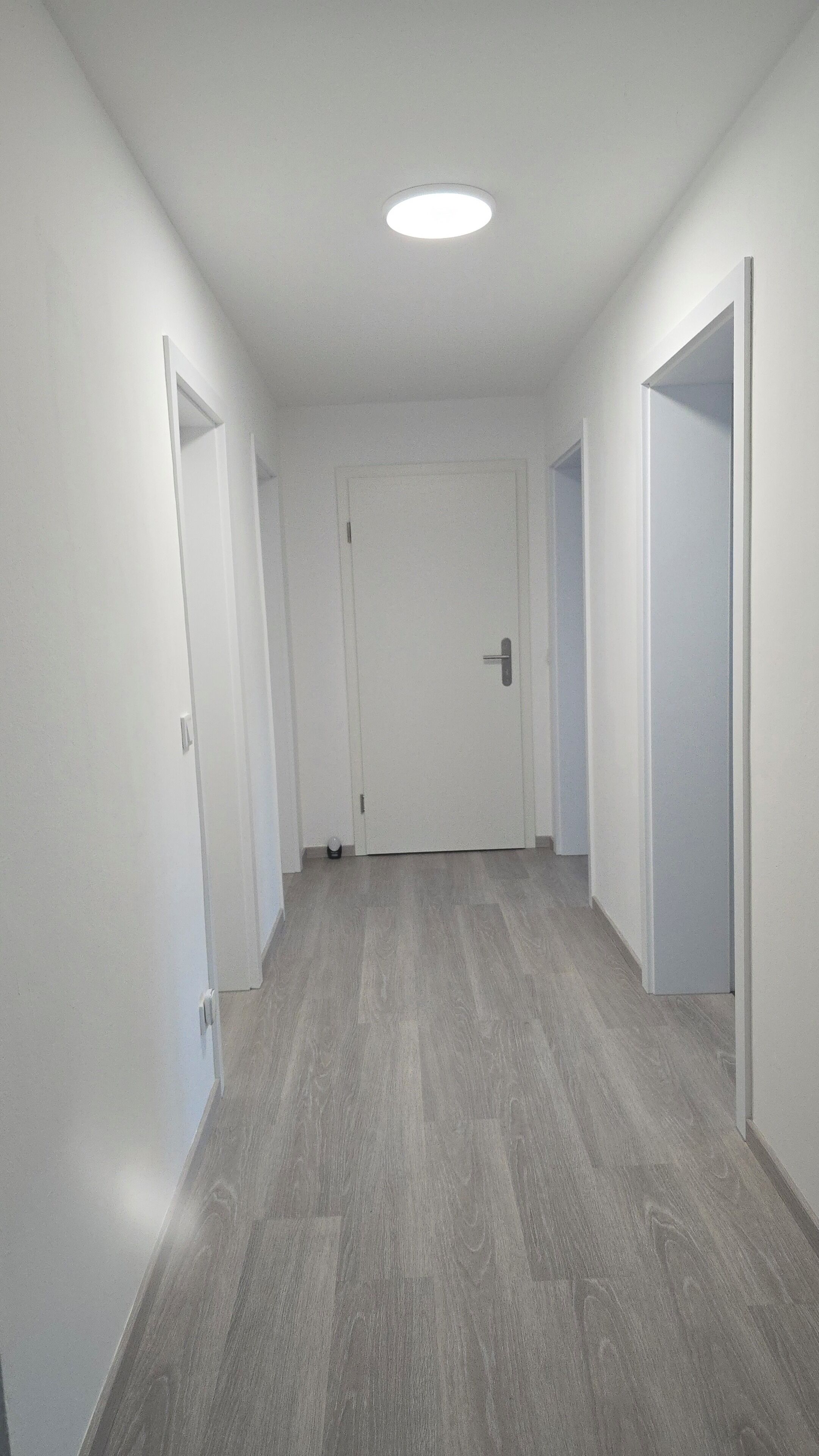 A hallway with a white door at the end, a light fixture on the ceiling, and a grey wooden floor.