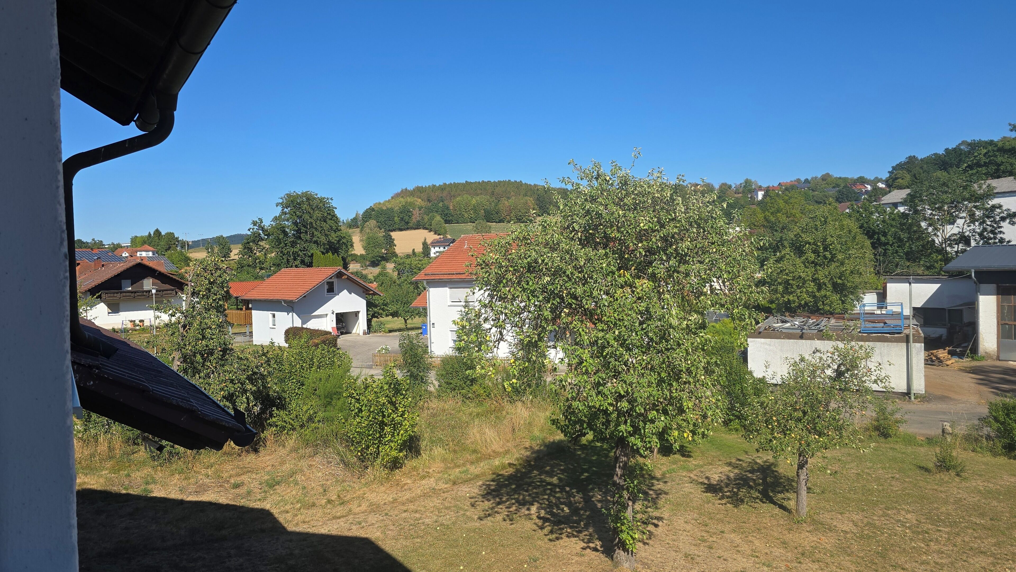 Ländliche Landschaft mit Häusern, einem Hügel und einem Baum im Vordergrund.