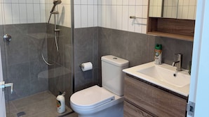 A modern bathroom with a glass-enclosed shower, a toilet, and a vanity with a mirror. - Brand new G6 apartment (Gungahlin)