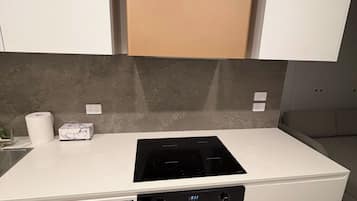 A compact kitchen with a dishwasher, oven, and a built-in stovetop.