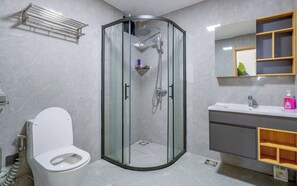 Ein modernes Badezimmer mit einer Duschkabine, einer weißen Toilette und einem Waschtisch mit Spiegel und Ablageflächen.