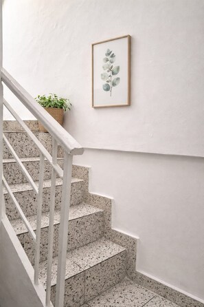Eine Treppe mit weißen Geländern und gefleckten Stufen, ein gerahmtes Pflanzenbild an der Wand und ein Blumentopf im Treppenabsatz.