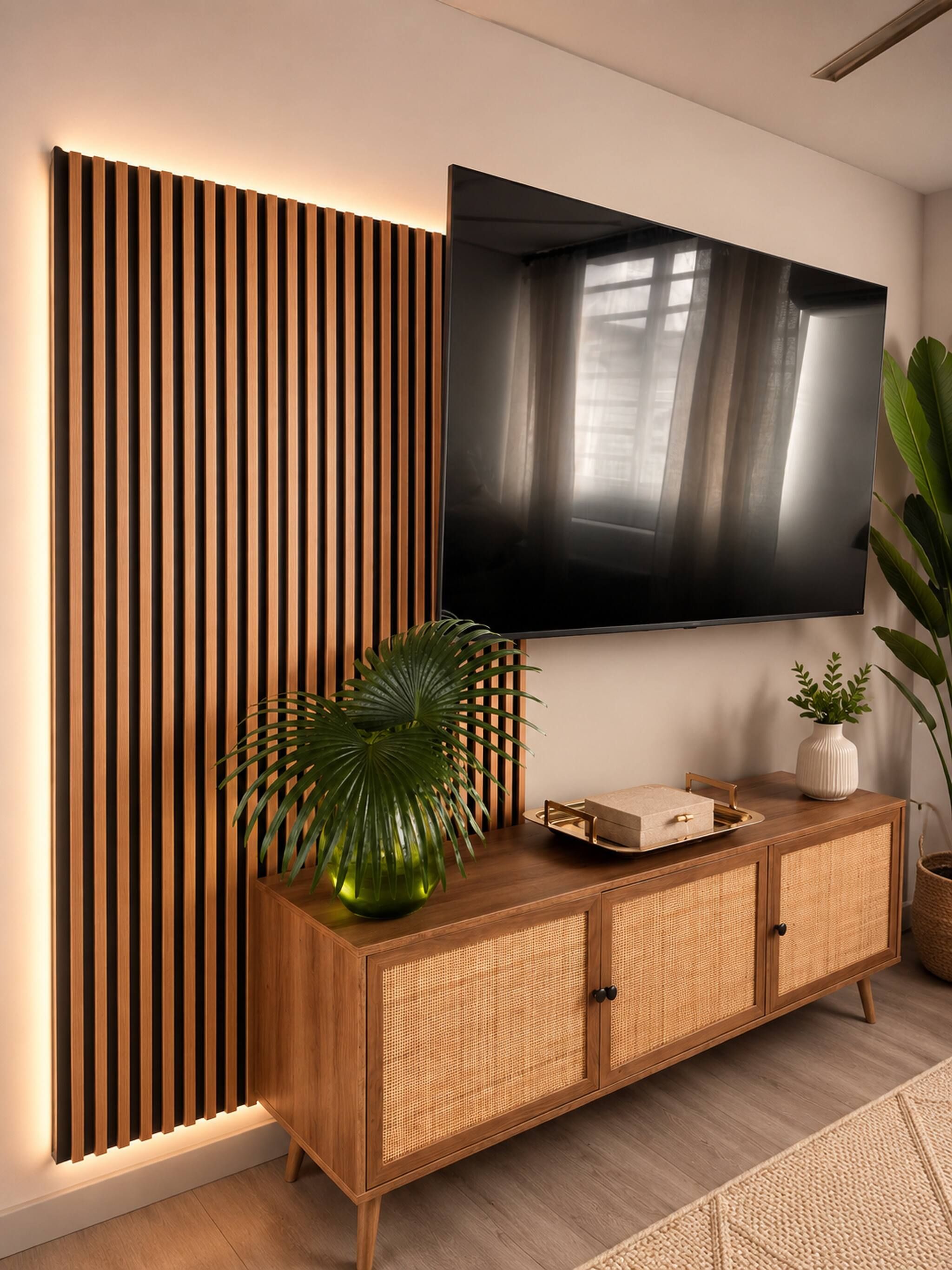 Un salon moderne avec un téléviseur à écran plat fixé au mur, un claustra en bois à lattes, un meuble en bois avec des portes en osier et une grande plante en pot.