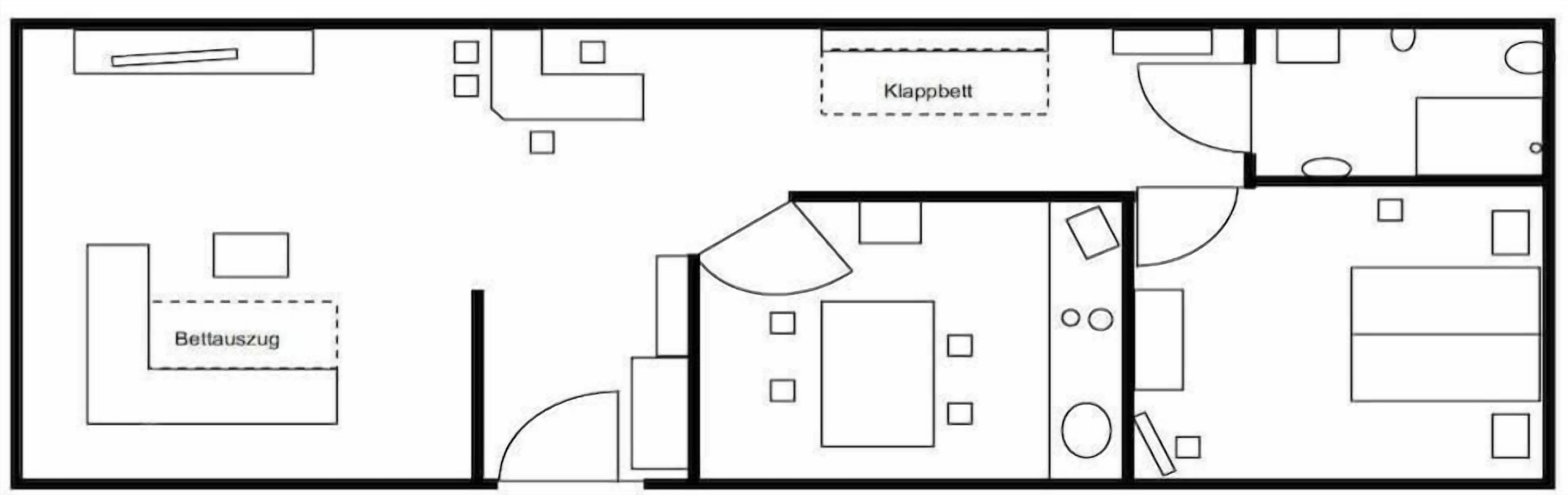 Ein Grundriss eines Hotels mit einer zentralen Lobby, einer Küchenzeile, einem Essbereich und mehreren Schlafzimmern.