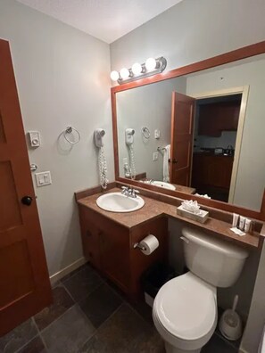 A bathroom with a sink, mirror, and toilet. - Cozy Studio with mountain views! (Beaverdell)