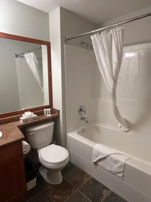 A bathroom with a bathtub, toilet, and a mirror. - Cozy Studio with mountain views! (Beaverdell)