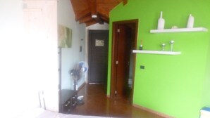 Une pièce avec un lit, un ventilateur, une porte et un mur vert.