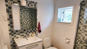 Un bagno con lavandino bianco, uno specchio, un WC e una zona doccia.
