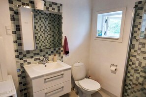 Une salle de bain avec un lavabo blanc, un miroir, des toilettes et un espace douche.