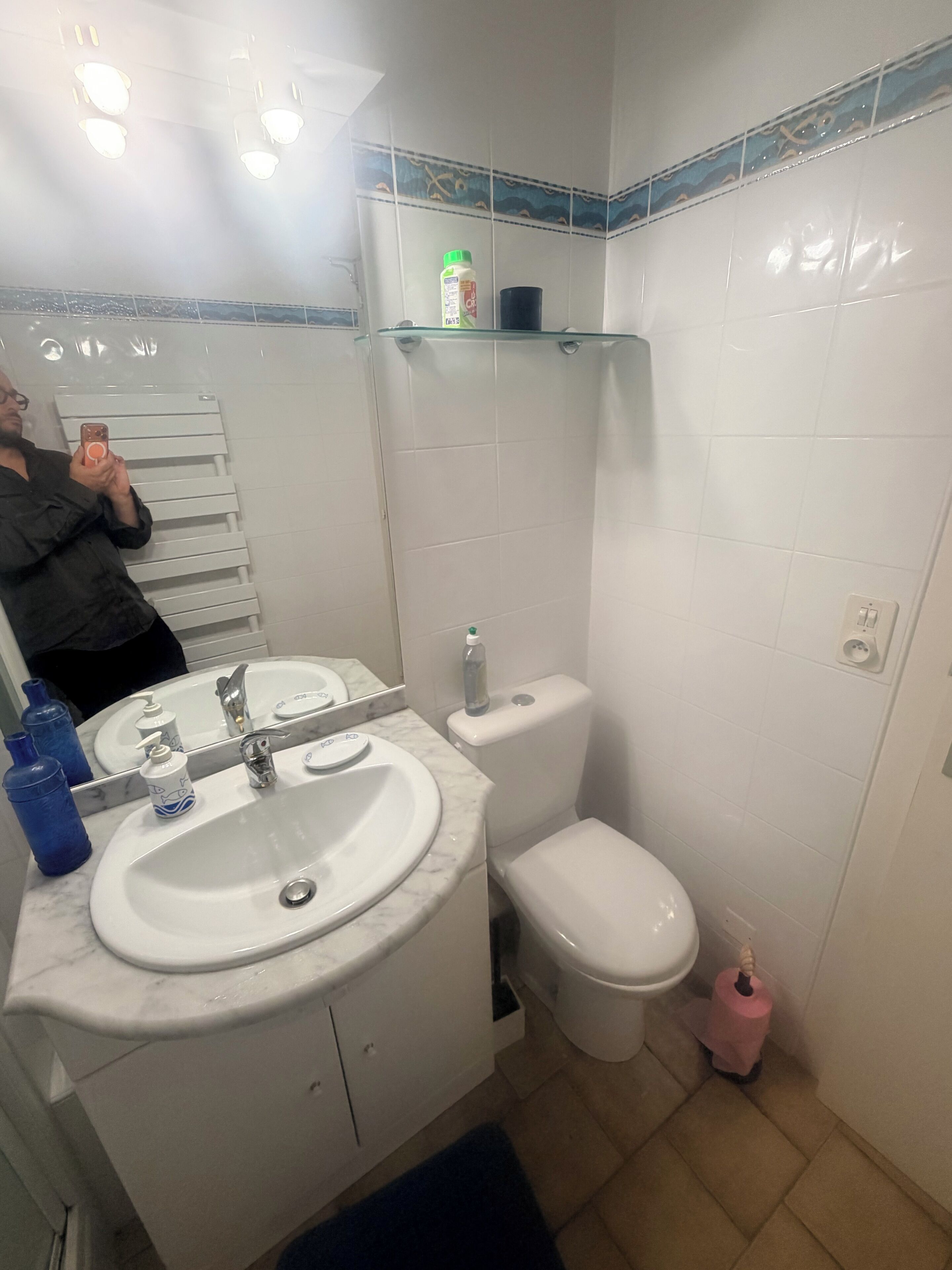 Une salle de bain avec un lavabo, des toilettes et un miroir. On trouve des articles de toilette sur le comptoir et une étagère au-dessus des toilettes.