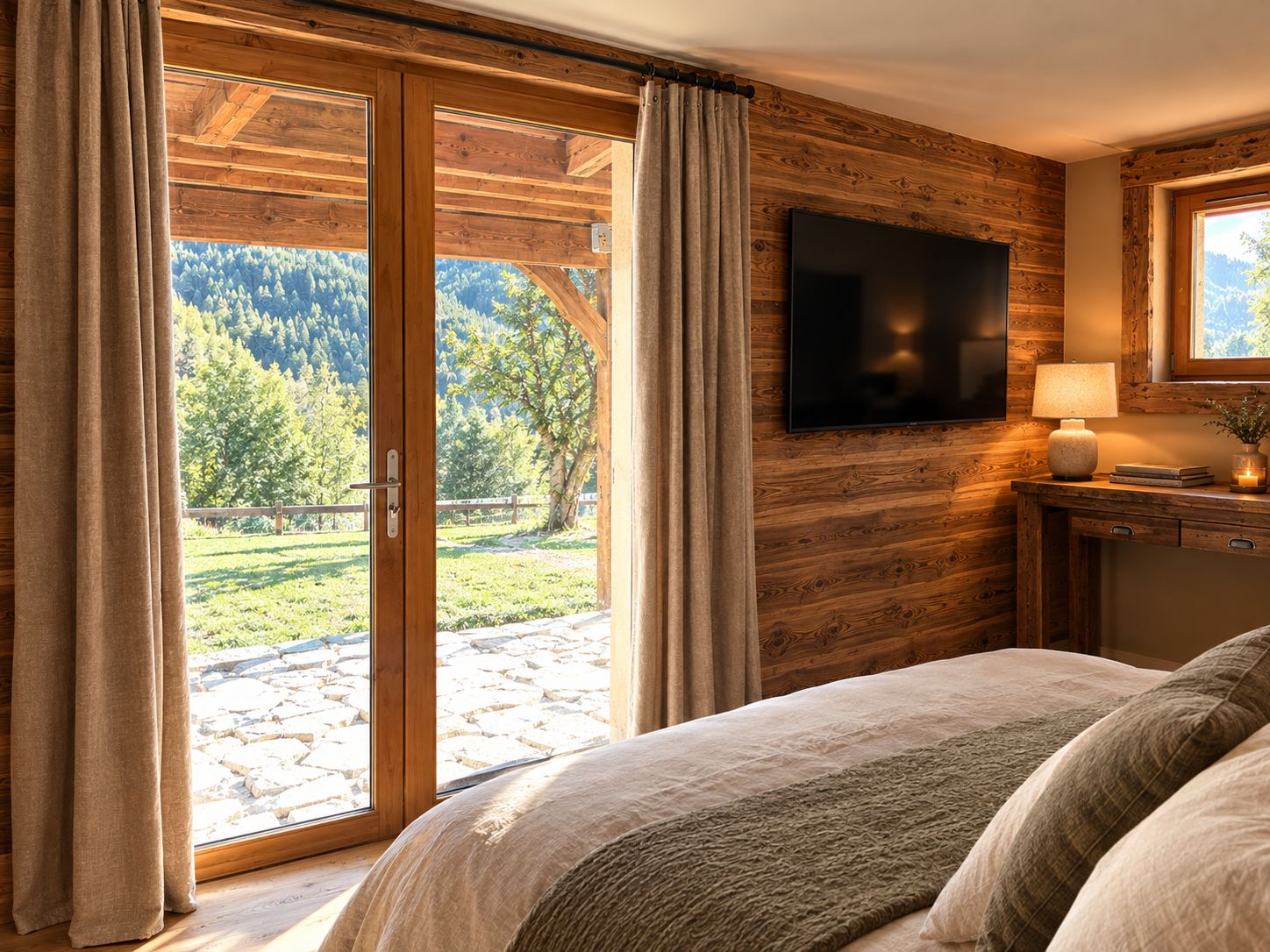 A bedroom with a large bed, a television mounted on the wall, and a view of a forest through a sliding glass door.