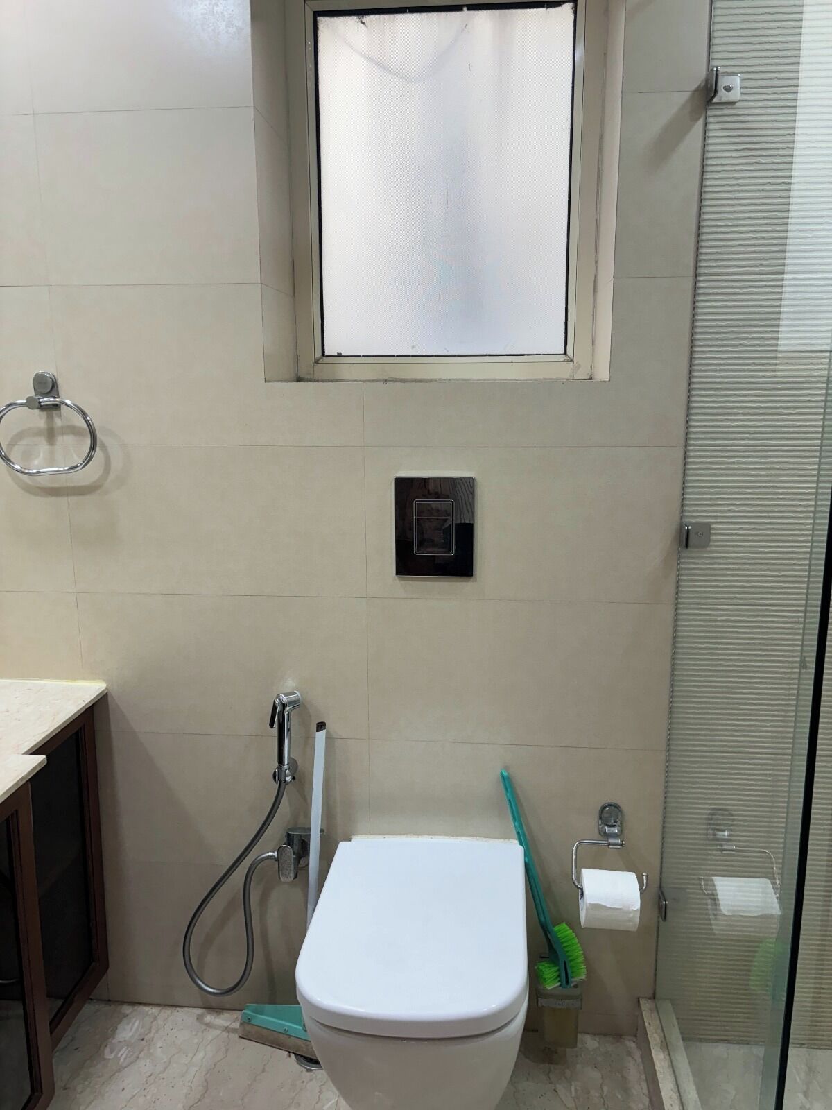 Un baño con inodoro, ducha, zona de ducha con mampara de cristal, argolla para toallas y ventana.