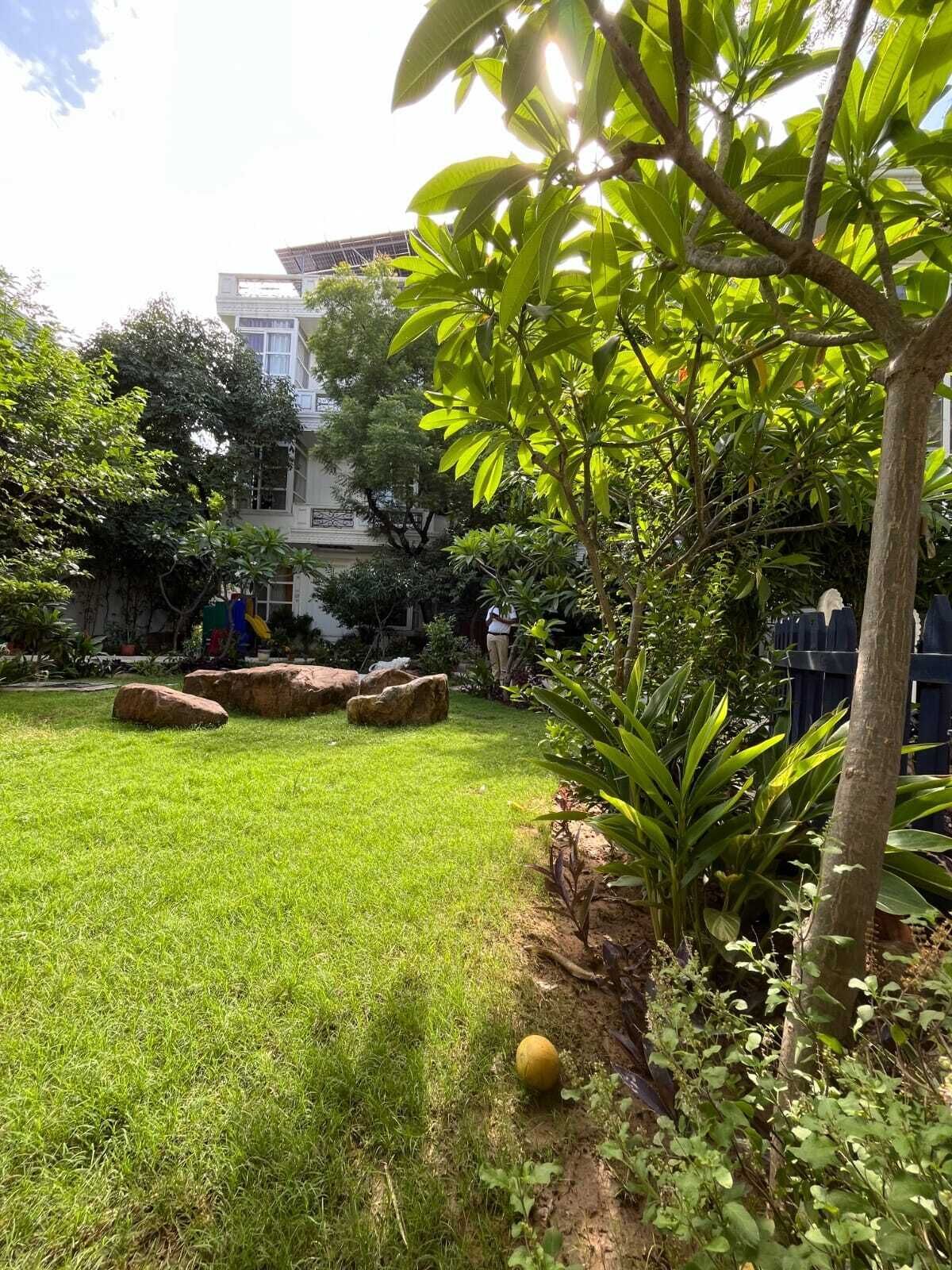 Un jardín bien cuidado con césped, rocas grandes y una variedad de plantas.