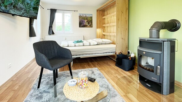 A compact living space with a bed, a chair, a TV, a wooden shelf unit, and a wood-burning stove. - Vrbo Property (Bohlsen)
