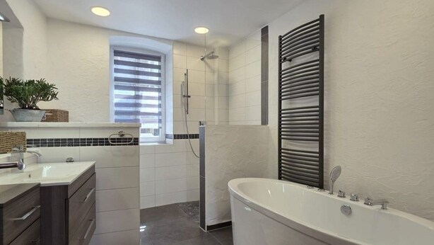 A modern bathroom with a freestanding bathtub, a shower, and a vanity with a sink and drawers. - Vrbo Property (Weißenstadt)