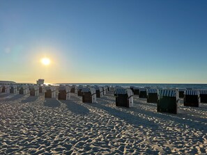 A beach with rows of beach huts and a clear sky. - Vrbo Property (Rostock)