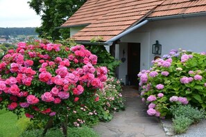 A pathway leading to a house with a tiled roof, surrounded by lush greenery and flowering plants. - Moarhofstöckl "Country Romance for Two" (Landscha bei Weiz)