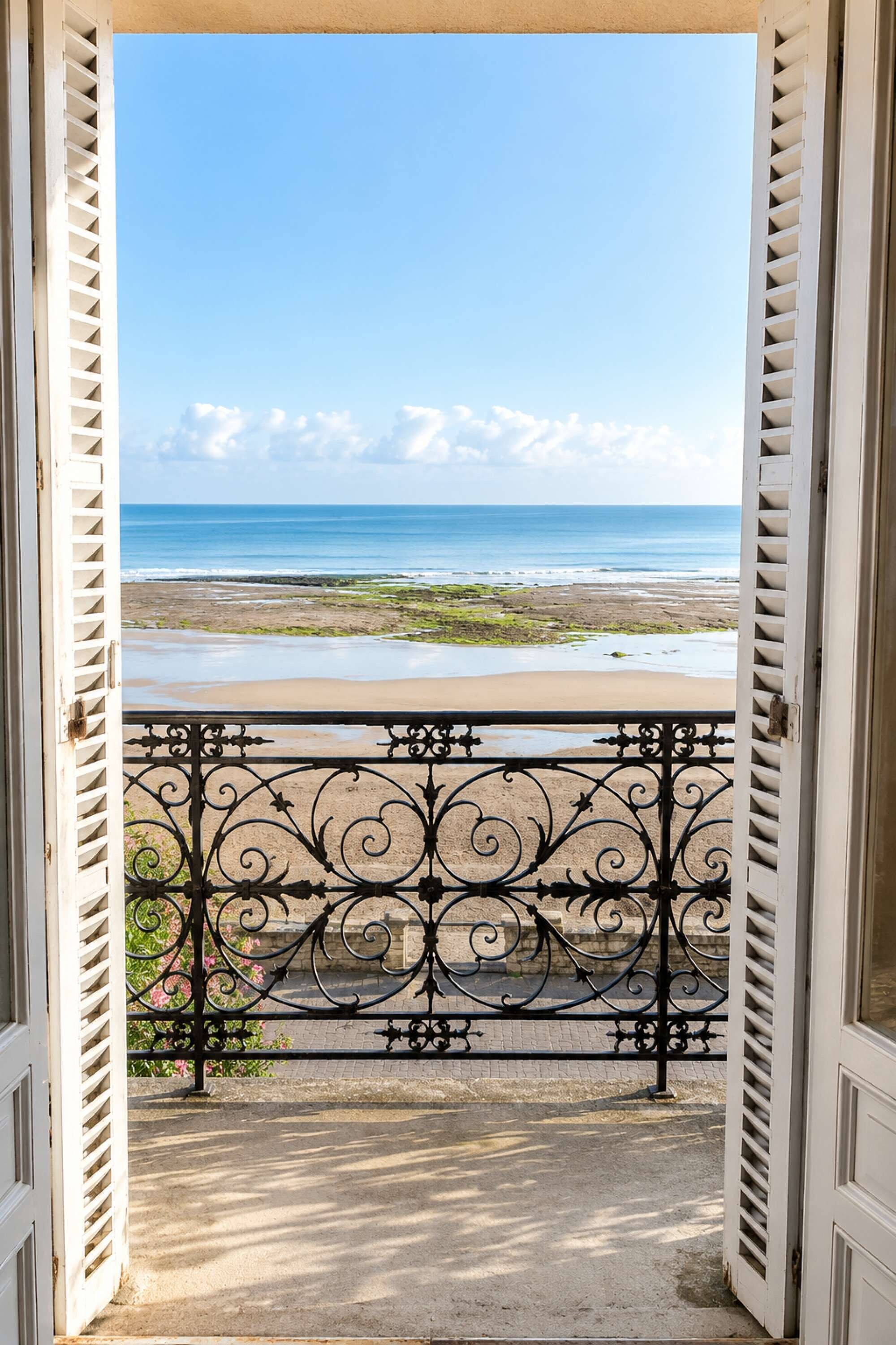 Eine offene Tür führt zu einem Balkon mit Blick auf Strand und Meer.