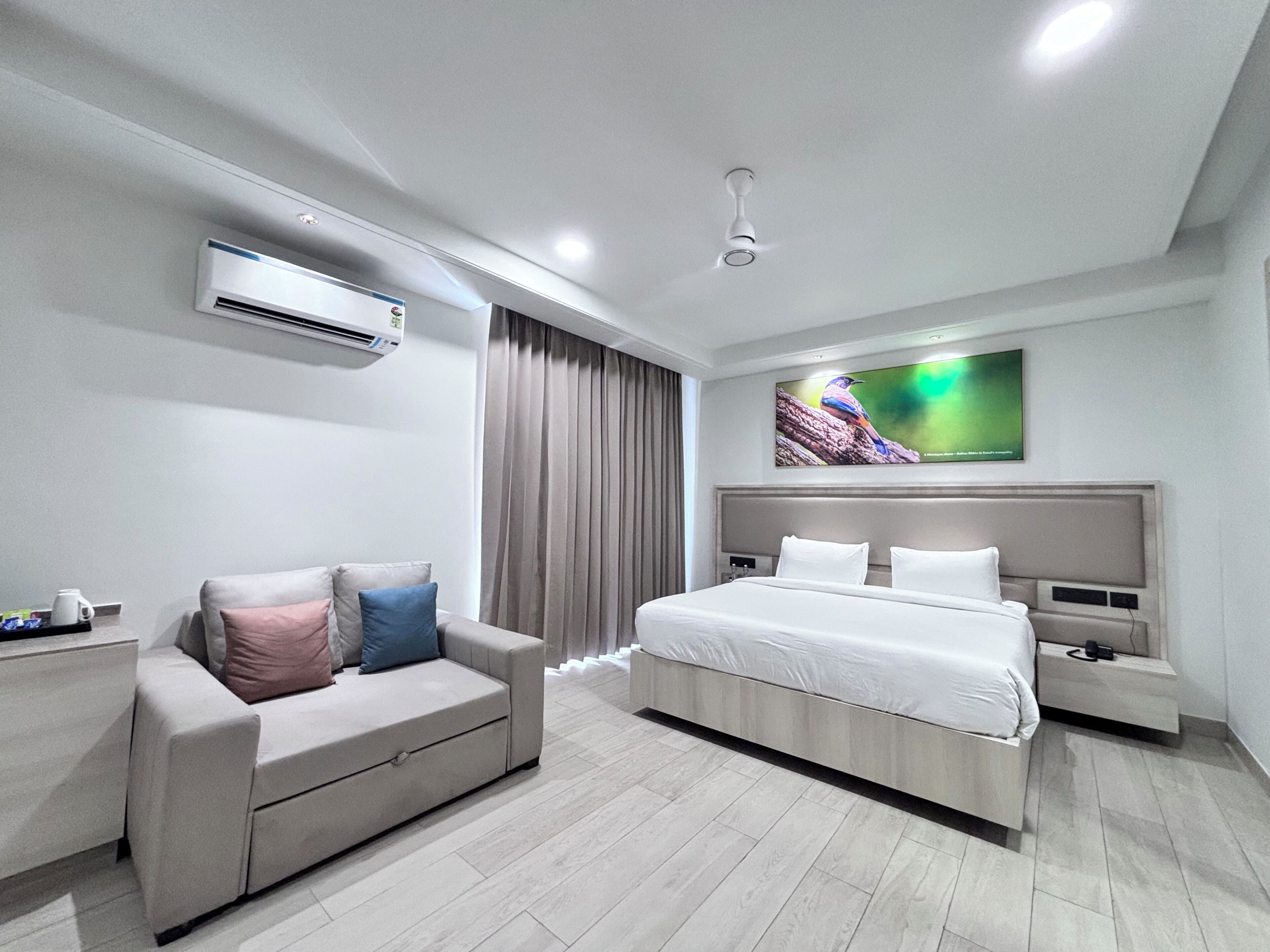 Une chambre d’hôtel moderne équipée d’un lit, d’un canapé, d’un climatiseur, d’un téléviseur à écran plat et d’un ventilateur de plafond.